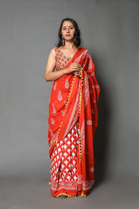 Orange & White Tree Block Butta Print Mul Cotton Saree with Blouse