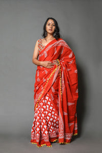 Orange & White Tree Block Butta Print Mul Cotton Saree with Blouse