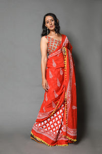 Orange & White Tree Block Butta Print Mul Cotton Saree with Blouse