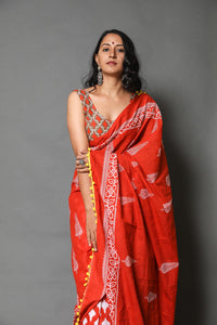 Orange & White Tree Block Butta Print Mul Cotton Saree with Blouse