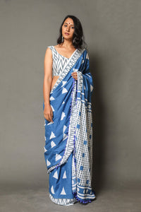 Blue Geometric Pattern Block Mul Cotton Saree, with Blouse