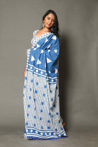 Blue Geometric Pattern Block Mul Cotton Saree, with Blouse