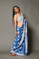 Blue Geometric Pattern Block Mul Cotton Saree, with Blouse