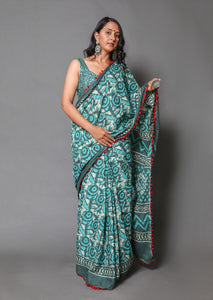 Green & White Overall Block Print Cotton Saree with Blouse