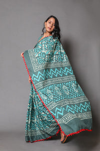 Green & White Overall Block Print Cotton Saree with Blouse