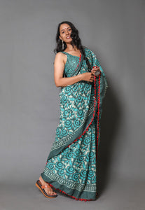 Green & White Overall Block Print Cotton Saree with Blouse