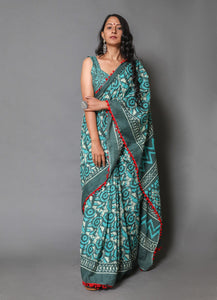 Green & White Overall Block Print Cotton Saree with Blouse