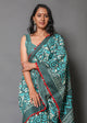Green & White Overall Block Print Cotton Saree with Blouse