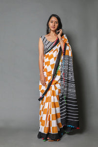 Mustard Box Block Print Mul Cotton Saree with Blouse