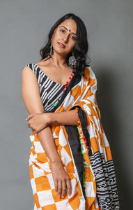 Mustard Box Block Print Mul Cotton Saree with Blouse