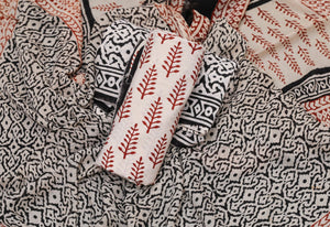 Ivory Red Block Butti Print Cotton Salwar Suit Set Material