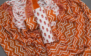 White & Brown Block Butti Print Cotton Salwar Suit Set Material