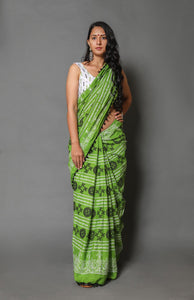 Green & Black Block Print Mul Cotton Saree with Blouse