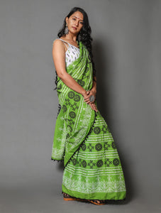 Green & Black Block Print Mul Cotton Saree with Blouse