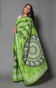 Green & Black Block Print Mul Cotton Saree with Blouse