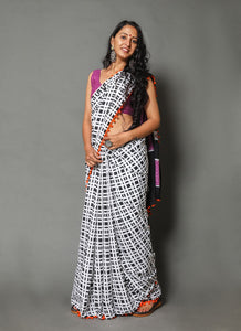 Black & White Checks Block Print Mul Cotton Saree with Blouse