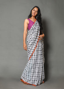 Black & White Checks Block Print Mul Cotton Saree with Blouse
