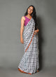 Black & White Checks Block Print Mul Cotton Saree with Blouse