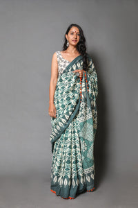 Green Overall Block Print Mul Cotton Saree with Blouse