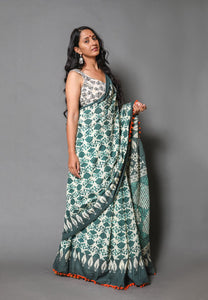 Green Overall Block Print Mul Cotton Saree with Blouse