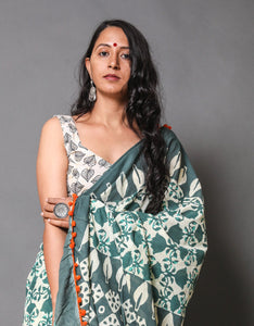 Green Overall Block Print Mul Cotton Saree with Blouse