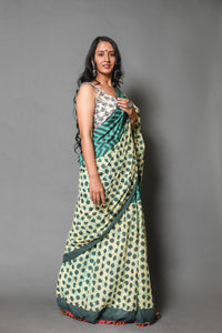 Green Block Batik Print Mul Cotton Saree with Blouse