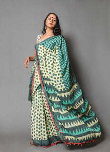 Green Block Batik Print Mul Cotton Saree with Blouse