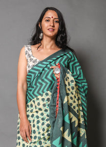 Green Block Batik Print Mul Cotton Saree with Blouse