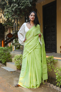 Mint Green Applique Work Cotton with Unstitched Blouse