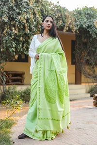 Mint Green Applique Work Cotton with Unstitched Blouse