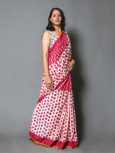 Magenta Block Batik Print Mul Cotton Saree with Blouse