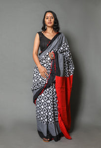 Grey Checks Block Print Mul Cotton Saree with Blouse
