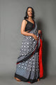 Grey Checks Block Print Mul Cotton Saree with Blouse
