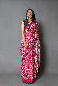Pink & White Palm Tree Block Butta Print Cotton Saree with Blouse