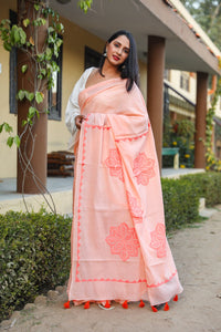 Peach Applique Work Cotton Saree with Blouse Piece
