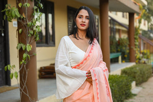 Peach Applique Work Cotton Saree with Blouse Piece
