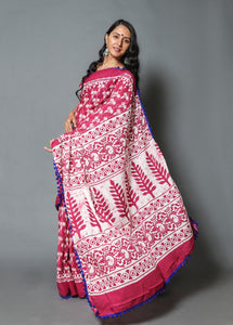 Pink & White Palm Tree Block Butta Print Cotton Saree with Blouse