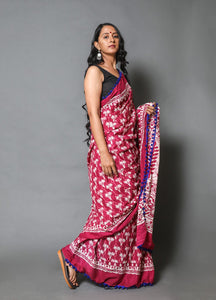 Pink & White Palm Tree Block Butta Print Cotton Saree with Blouse