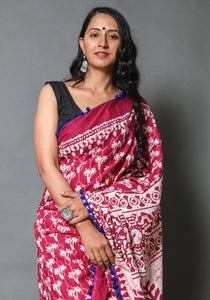 Pink & White Palm Tree Block Butta Print Cotton Saree with Blouse