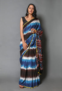 Black & Turquoise Strip Block Print Mul Cotton Saree with Blouse