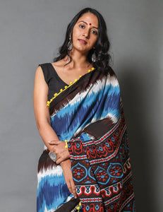 Black & Turquoise Strip Block Print Mul Cotton Saree with Blouse