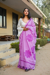Purple Applique Work Cotton Saree with Unstitched Blouse
