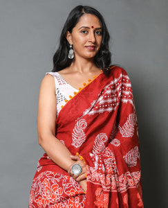 Red Pasely Block Butta, Jaal Print Mul Cotton Saree with Blouse