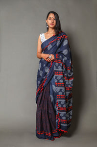 Blue Half-half jaal & Block Print Mul Cotton Saree with Blouse