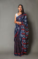 Blue Half-half jaal & Block Print Mul Cotton Saree with Blouse