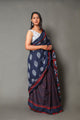 Blue Half-half jaal & Block Print Mul Cotton Saree with Blouse