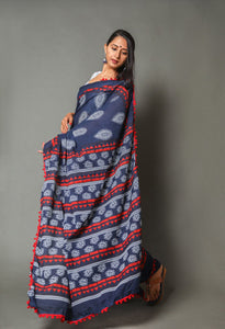 Blue Half-half jaal & Block Print Mul Cotton Saree with Blouse