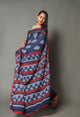 Blue Half-half jaal & Block Print Mul Cotton Saree with Blouse