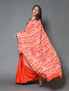Orange red half half Block Print Mul Cotton Sari with Blouse