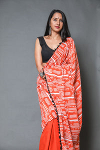 Orange red half half Block Print Mul Cotton Sari with Blouse